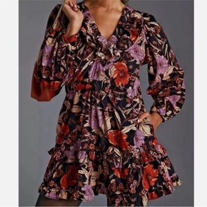 Anthropologie Pilcro Tiered Corduroy Mini Dress Ruffle Floral Size XSP
